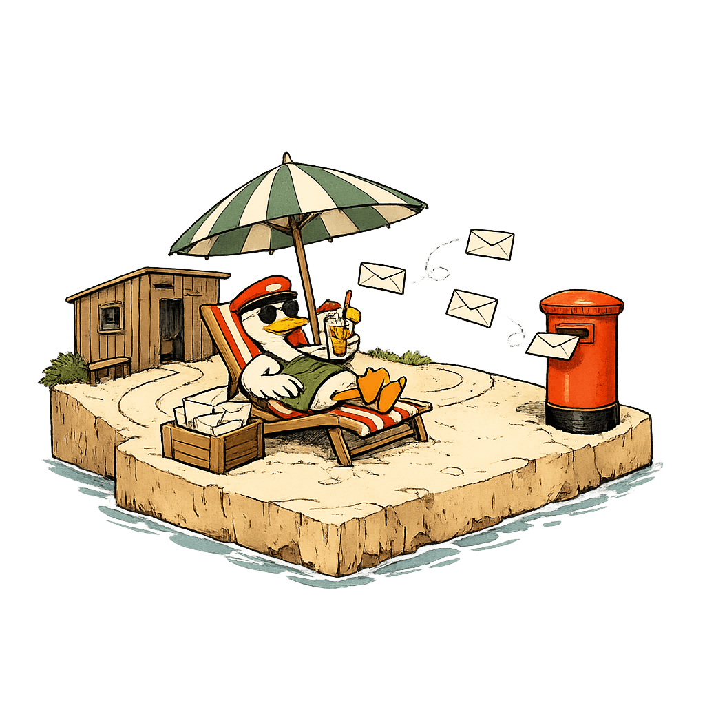 A duck postmaster lounging on a deck chair on a small beach island, sipping a tropical drink, while envelopes deliver themselves into the postbox