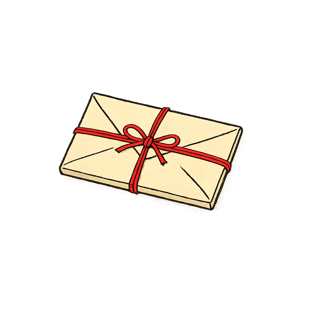 A cream envelope tied with red string, the sequence emails