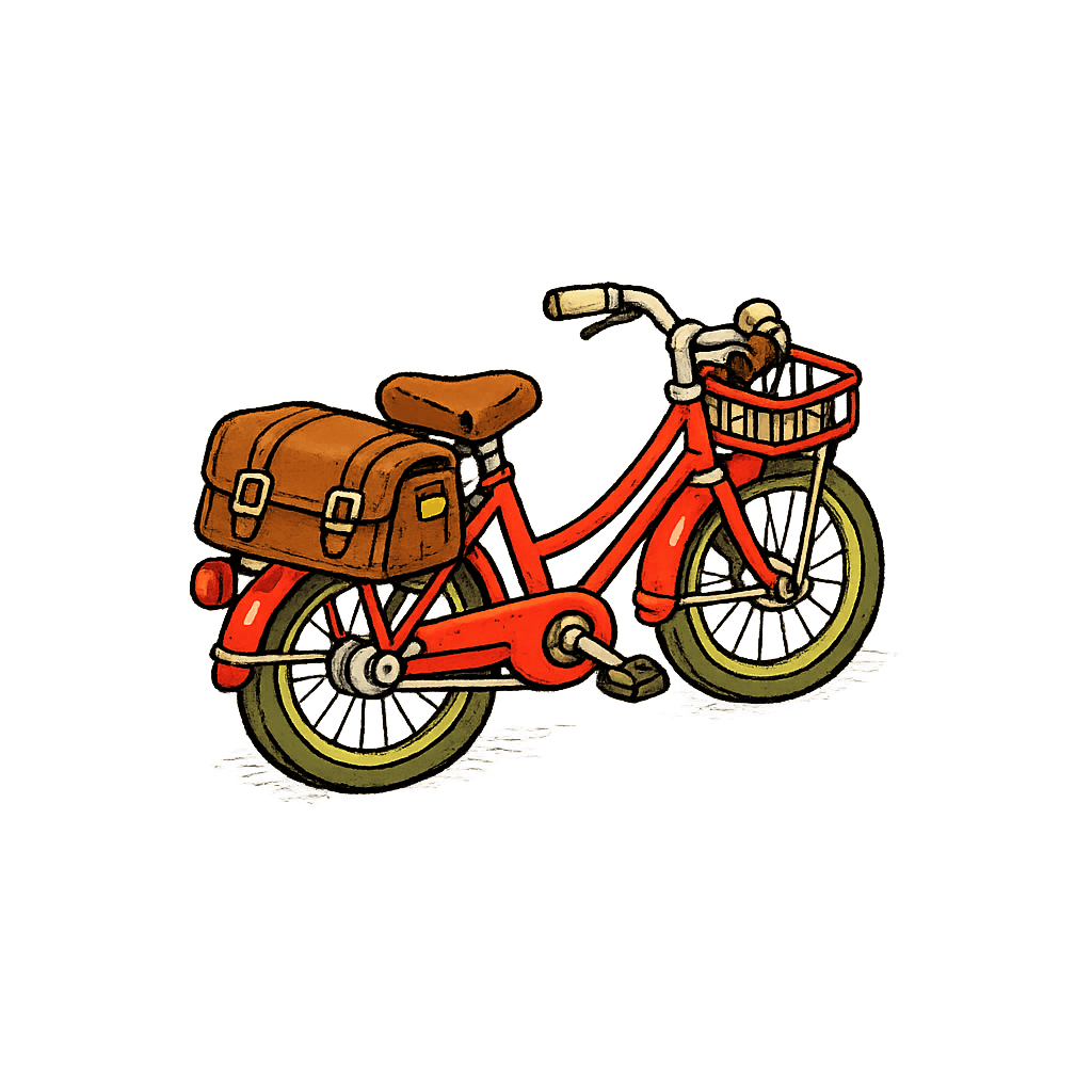 A red postal bicycle with a letter satchel for delivery
