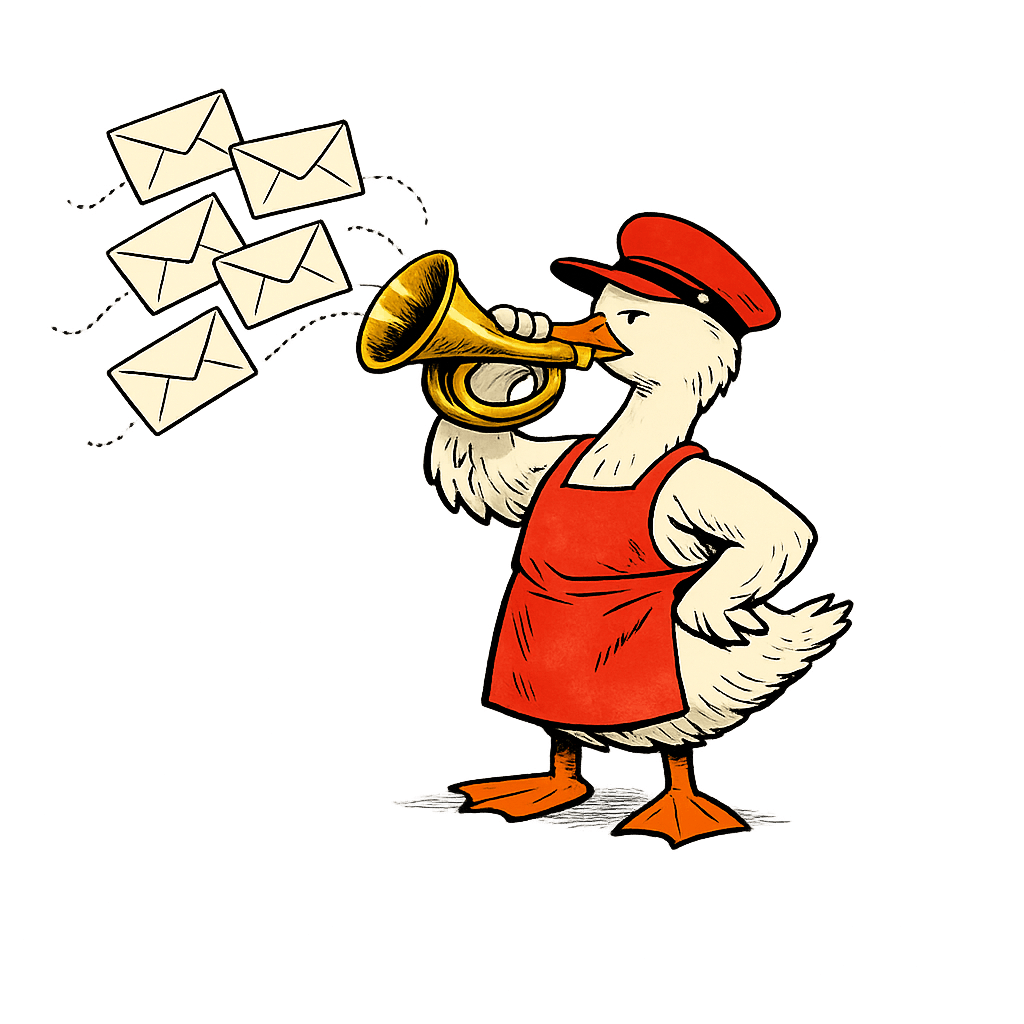 A duck postmaster holding a brass postal horn, with cream envelopes fanning out of the horn's bell