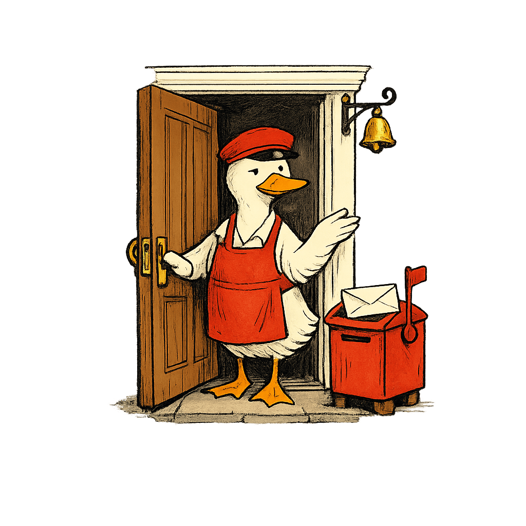 A duck postmaster opening the post-office door, with the postbox flag raised for the day's first arrival