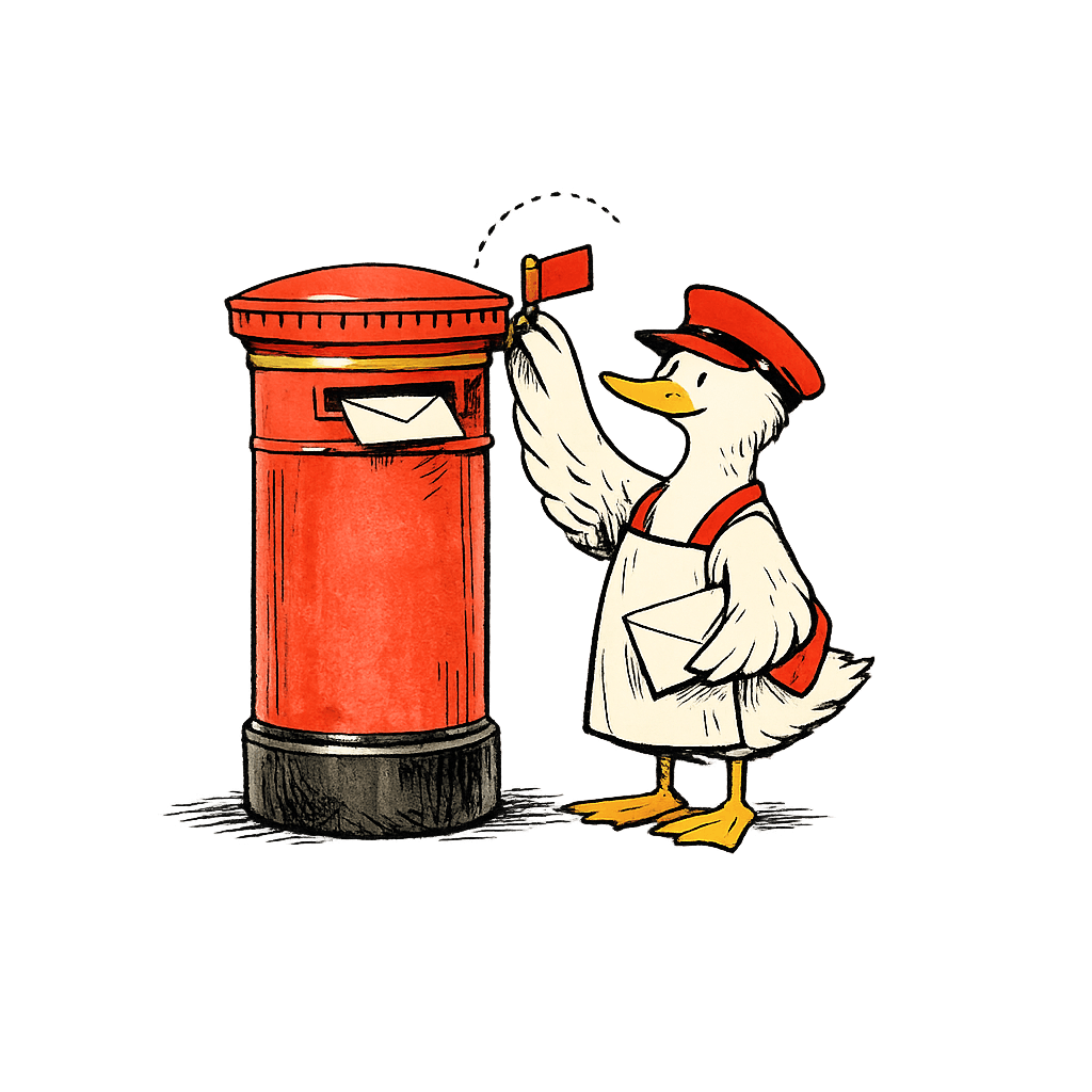 A duck postmaster raising the small red flag on the side of a terracotta pillar-box postbox