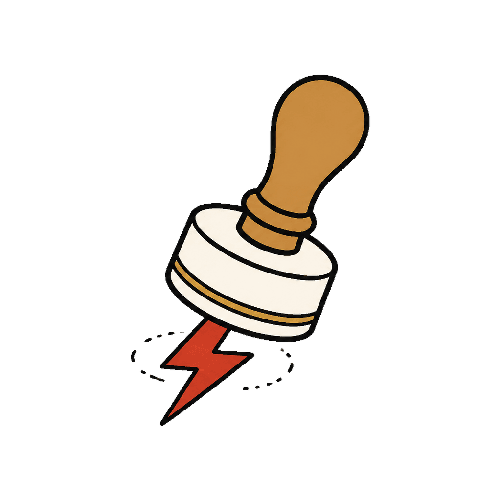 A duck postmaster stamping a wax seal onto a cream envelope marked with a small lightning bolt, the instant transactional send